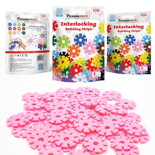 PicassoTiles Building Chip Interlocking Disc Construction Blocks in Pink Color STEM Learning Early Education Toy Engineering Playset Child Brain Development for Toddlers Girls Boys Kids Age 3+ PTF108 - color: Pink