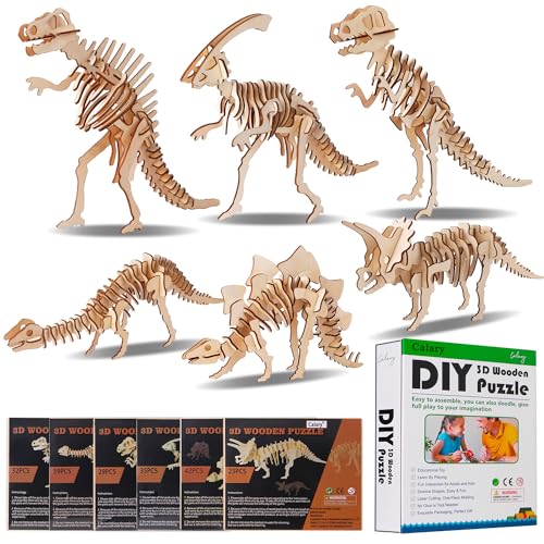 calary 3D Wooden Puzzle Simulation Animal Dinosaur Assembly DIY Model Toy for Kids and Adults,Set of 6 - style: A-Dinosaur Assembly