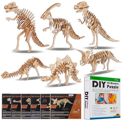 calary 3D Wooden Puzzle Simulation Animal Dinosaur Assembly DIY Model Toy for Kids and Adults,Set of 6 - style: A-Dinosaur Assembly