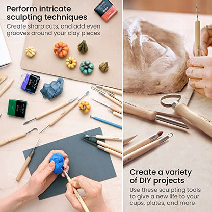 Arteza Pottery & Polymer Clay Tools, 42-Piece Sculpting Set, Steel Tip Tools with Wooden Handles, for Pottery Modeling, Smoothing, Carving & Ceramics - size: Set of 42