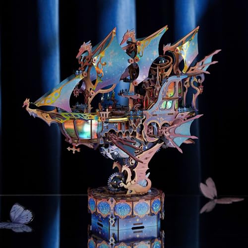 Tonecheer 3D Wooden Puzzle Airship Model Kit, DIY Transmission Model Fantasy Ship Spaceship with Music, Movable Building Kit Starlight Craft Mechanical Decor Idea Gift for Adults - Magical Galaxy - style: Magical Galaxy