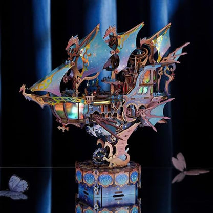 Tonecheer 3D Wooden Puzzle Airship Model Kit, DIY Transmission Model Fantasy Ship Spaceship with Music, Movable Building Kit Starlight Craft Mechanical Decor Idea Gift for Adults - Magical Galaxy - style: Magical Galaxy