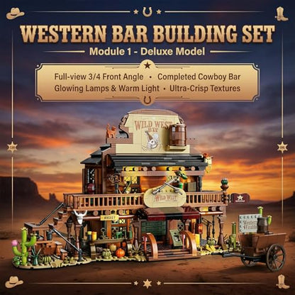 Western Bar Building Blocks with LED Lights, Wild West Saloon Architecture Model, Modular Old West Building Set for Adults, Detailed Desert Themed Collectible Display (1902 pcs)