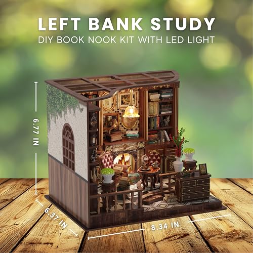 DIY Book Nook Kit LED 3D Wooden Puzzle — Aesthetic Miniature Bookshelf Insert Decor & Diorama Craft Building Kit for Adults, Teens & Home Library | Bookshelf Stand | (Left Bank Study)