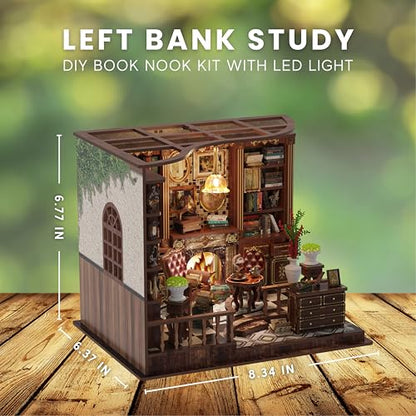 DIY Book Nook Kit LED 3D Wooden Puzzle — Aesthetic Miniature Bookshelf Insert Decor & Diorama Craft Building Kit for Adults, Teens & Home Library | Bookshelf Stand | (Left Bank Study)