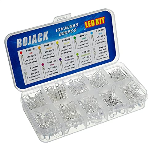 BOJACK 10 Colors 200 Pcs 5mm LED Diode Lights Assored Kit Pack (Transparent DC 2V - 3.2V 20mA) Bright Lighting Bulb Lamps Electronics Components 5 mm Light Emitting Diodes Parts - style: 10 Colors 200 Pcs