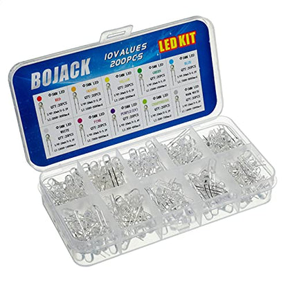 BOJACK 10 Colors 200 Pcs 5mm LED Diode Lights Assored Kit Pack (Transparent DC 2V - 3.2V 20mA) Bright Lighting Bulb Lamps Electronics Components 5 mm Light Emitting Diodes Parts - style: 10 Colors 200 Pcs