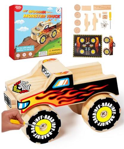 Little Jupiter DIY Wooden Kits w/Stickers - Kids Building Kit - Stem Toys for Ages 4-7 - Wood Crafts for Kids - Woodworking Kits (Monster Truck 1) - size: Monster Truck #1