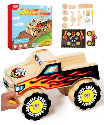Little Jupiter DIY Wooden Kits w/Stickers - Kids Building Kit - Stem Toys for Ages 4-7 - Wood Crafts for Kids - Woodworking Kits (Monster Truck 1) - size: Monster Truck #1