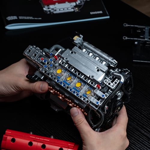 KMS JDM High Performance Engine Building Kit, K-Series Red Top 4-Cylinder Model with Linked Moving Pistons, Silver Metallic Finish, Mechanical Assembly Toy & Display Gift for Car Enthusiasts
