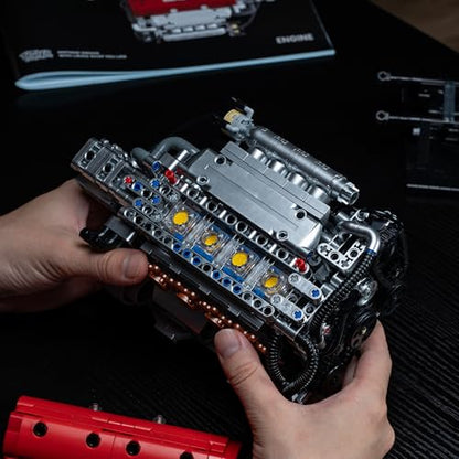 KMS JDM High Performance Engine Building Kit, K-Series Red Top 4-Cylinder Model with Linked Moving Pistons, Silver Metallic Finish, Mechanical Assembly Toy & Display Gift for Car Enthusiasts