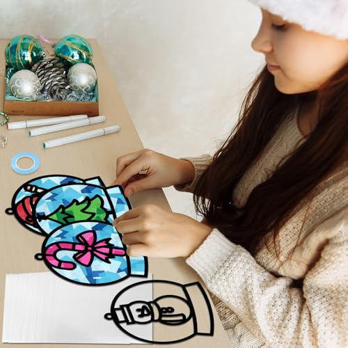 Qyeahkj 36 Set Winter Christmas Suncatchers Craft Kit for DIY Santa Snowman Reindeer Globe Tissue Paper Craft Kit Hanging Decor for Xmas Home Activity Art Project Birthday Party Favor Gift - style: Christmas Snow Globe