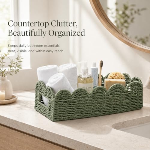 Sage Green Scalloped Basket, Toilet Tank Tray, Back of Toilet - color: Green