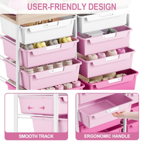 10 Drawers Rolling Cart with Wooden Tabletop, Utility Storage Cart with Wheels, Art Supply Craft Organizer on Wheel with Metal Frame & Handles for Home Office School,Pink - color: Pink