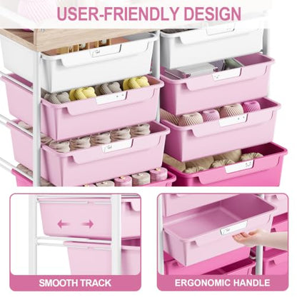 10 Drawers Rolling Cart with Wooden Tabletop, Utility Storage Cart with Wheels, Art Supply Craft Organizer on Wheel with Metal Frame & Handles for Home Office School,Pink - color: Pink