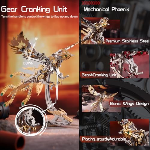 OreilleStar 3D Metal Ornithopter Puzzles for Adults Model Kits: DIY Assembly Mechanical Phoenix Stainless Steel Animal Bird Toy Building Block Birthday Gifts for Men Women (Gold Phoenix) - style: Gold Phoenix