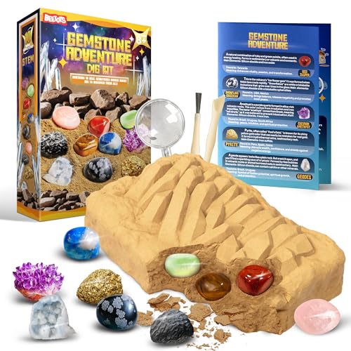 Gemstone Dig Kit for Kids with 2 Tools, 10 Real Gems Tektite