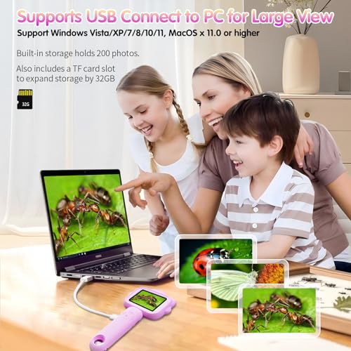 Microscope for Kids, Kids Microscope with Sample Slide, Educational Science Kit, Macro Fixed Focus Kid Mini Microscopes 500x Magnification, 32GB SD Card Include(Purple)