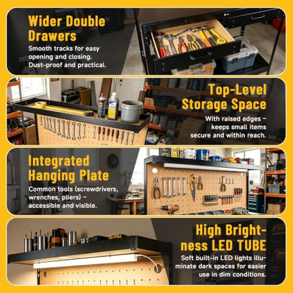 Pterying Garage Workbench with LED Light Bar, Pegboard, 2 Drawers