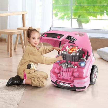 Qaba Truck Engine Toy Kids Mechanic Set with Lights for Kids Aged 3+ Pink - color: Pink