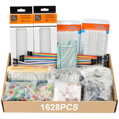 Electronic Component Kit, 1628 Pcs DIY Electronics Kit with LED Diodes, Diodes, Metal Film Resistors, Electrolytic Capacitor, Transistors, Ceramic Capacitors, Dupont Wire, PCB Board, Breadboard - size: 1628 Pcs