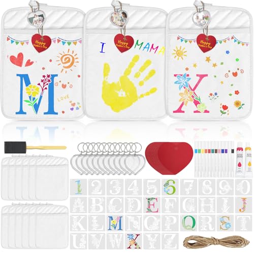 Cinrobiye 12 Set DIY Pot Holder Craft Kit with Pocket, Classroom Craft Activity Set with White Heat Resistant Hot Pads, Markers & Stencils, Handmade Kitchen Gift Kit for School & Group Projects