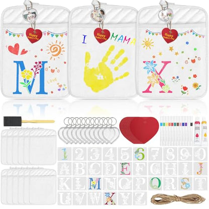 Cinrobiye 12 Set DIY Pot Holder Craft Kit with Pocket, Classroom Craft Activity Set with White Heat Resistant Hot Pads, Markers & Stencils, Handmade Kitchen Gift Kit for School & Group Projects