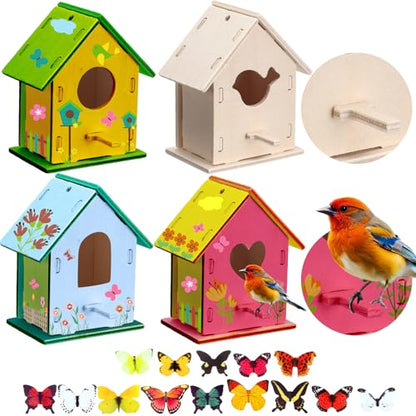 Outus 24 Pcs Wooden Birdhouse Kits for Kids, 4 Shapes Unfinished, Lovely - style: Lovely