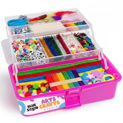 Blue Squid Arts & Crafts Box (Pink)- 2800+ pcs Deluxe Craft Supplies Box, 2 Drawers, 18 Compartments, Sturdy Handle - Art Crafting Kit Birthday Gifts for Kids, School Supply for Ages 4-12 - color: Craft Box Pink