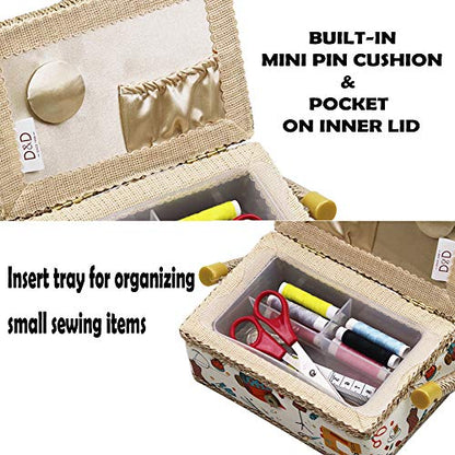 D&D Sewing Basket with Sewing Kit Accessories, Small Sewing Box for Kids, Sewing Theme White