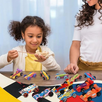 Lenwen 60 Pcs Wooden DIY Car Toys for Party Unfinished Wooden Cars, Wood Truck Wood Graffiti Toy Truck and Crafts DIY for Students Girls Boys Activities Craft Projects Woodworking