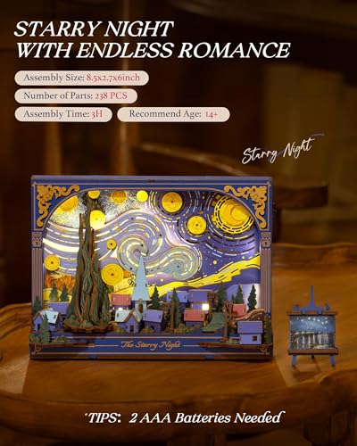 Rowood Starry Night 3D Puzzles for Adults,Mother's Day DIY Wooden Vincent Van Gogh Painting Artwork Craft Kit Building Set with LED,Home Decor Botanical Collection Gift for Family on Christmas - style: The Starry Night
