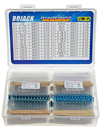 BOJACK 1000 Pcs 25 Values Resistor Kit 1 Ohm-1M Ohm with 1% 1/2W Metal Film Resistors Assortment - size: 1/2 W