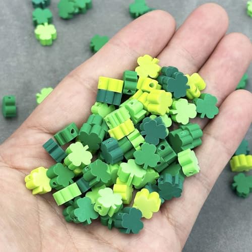 100Pcs St. Patrick's Day Shamrocks Handmade Polymer Clay Beads, Luck Clover Prints Polymer Clay Spacer Beads for Women Jewelry Making DIY Charms Bracelet Necklace Hair Clip Accessories Handmade Craft - color: 4sanyecao