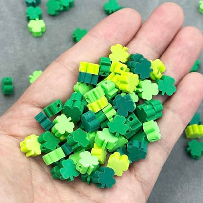 100Pcs St. Patrick's Day Shamrocks Handmade Polymer Clay Beads, Luck Clover Prints Polymer Clay Spacer Beads for Women Jewelry Making DIY Charms Bracelet Necklace Hair Clip Accessories Handmade Craft - color: 4sanyecao
