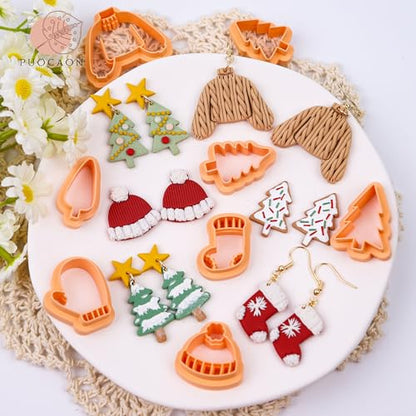 Puocaon Christmas Holiday Clay Cutters - 8 Pcs Christmas Tree Clay Cutters for Polymer Clay Jewelry Making, Christmas Jumper Socks Gloves Clay Jewelry Cutters, Cute Beanie Polymer Clay Earring Cutters