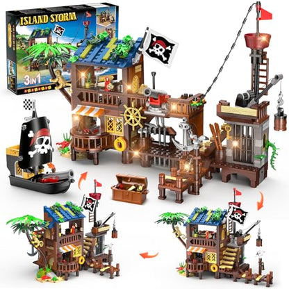 HOGOKIDS 3-in-1 Pirate House STEM Building Set with LED Light for Boy 6-12+