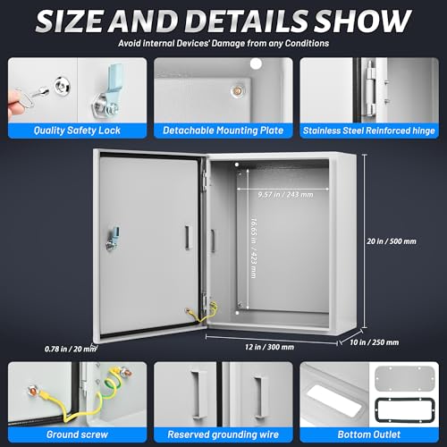 Steel Electrical Junction Box, 20 x 12 x 10 inch Waterproof & Dustproof Electrical Enclosure, Outdoor & Indoor Universal Project Box with Lock & Mounting Plate - size: 20 x 12 x 10"