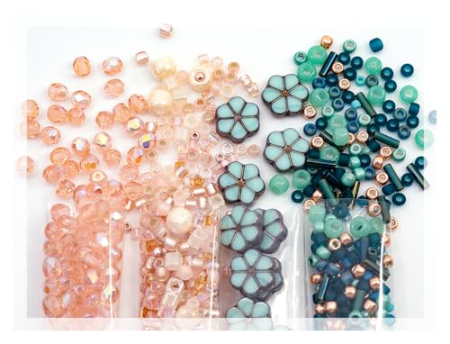 Bohemia Crystal Valley Czech Glass Beads & Japaneese TOHO Seed for Jewelry Making Set - 4 Gentle Distinct Colors Beads: Table Cut Flowers, Fire Polished Faceted 4mm, 2X Rocailles Mix Teal Pink Beige - color: Different Turquiose