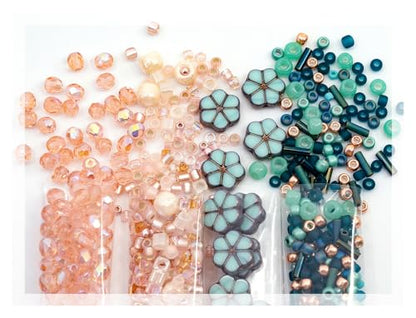 Bohemia Crystal Valley Czech Glass Beads & Japaneese TOHO Seed for Jewelry Making Set - 4 Gentle Distinct Colors Beads: Table Cut Flowers, Fire Polished Faceted 4mm, 2X Rocailles Mix Teal Pink Beige - color: Different Turquiose