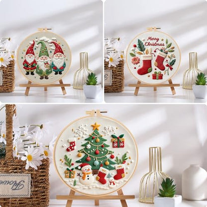 Offizon Christmas Embroidery Kit for Beginners, 3 PCS Starter Cross Stitches, Winter Santa Handicrafts, Merry Chistmas - color: Christmas Beige