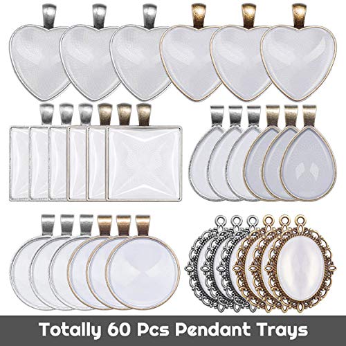 Anezus 60Pcs Pendant Trays, Bezel Pendant Trays Blanks with Glass Cabochons for Pendants Making and Jewelry Making, 5 Styles