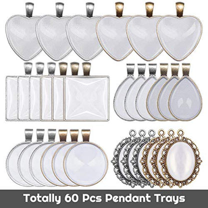 Anezus 60Pcs Pendant Trays, Bezel Pendant Trays Blanks with Glass Cabochons for Pendants Making and Jewelry Making, 5 Styles