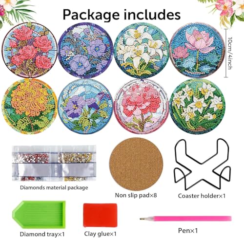 Diamond Art Coasters Kits, 8 Pcs Flowers Diamond Painting Coasters Kits - color: Colorful Flower