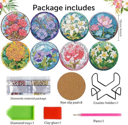 Diamond Art Coasters Kits, 8 Pcs Flowers Diamond Painting Coasters Kits - color: Colorful Flower