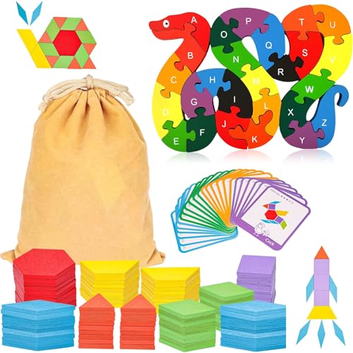 Montessori Pattern Blocks & Alphabet Puzzle Set, 209 PCS Wooden Shapes with Cards + A–Z Snake ABC Jigsaw, Educational Learning Toys for Toddlers