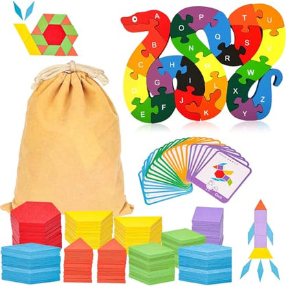 Montessori Pattern Blocks & Alphabet Puzzle Set, 209 PCS Wooden Shapes with Cards + A–Z Snake ABC Jigsaw, Educational Learning Toys for Toddlers