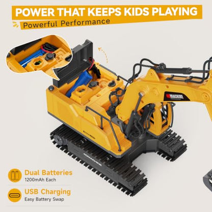 Remote Control Excavator Toy for Boys, 3-in-1 RC Excavator with Alloy Bucket, Breaker & Grapple, Construction Vehicle Toys with Lights & Sounds, 2×1200mAh Batteries, Birthday Gift for Kids 8-12 - size: 1:18 Scale