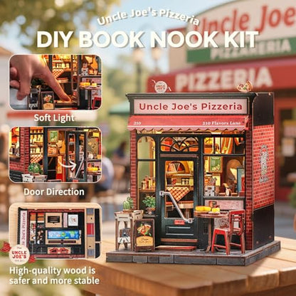 CUTEBEE Book Nook Kit, DIY Miniature Dollhouse Kit, Pizza Shop Booknook - color: Uncle Joe's Pizzeria