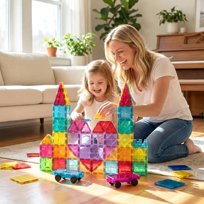 Bmag 130PCS Magnetic Tiles Building Blocks with 2 Cars | 3D Clear Magnet Blocks | STEM Preschool Toys for 3-9+ Kids | Christmas & Toddler Gift | Compatible with Major Brands - size: 130 PCS